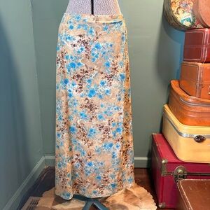 Vintage 1990’s Claudia Richard boho tan brown & blue floral maxi skirt